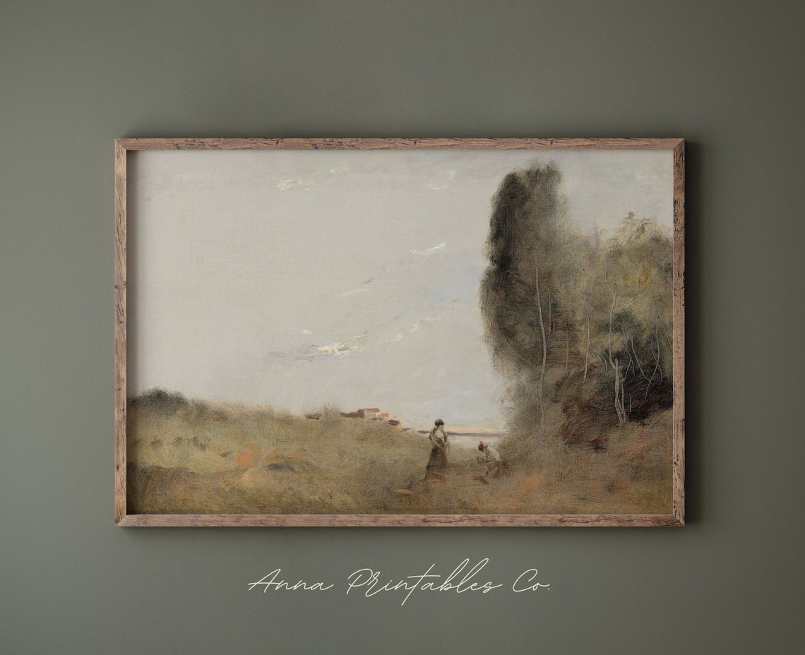 Tonalist Field Figures Misty Vintage Landscape Painting Poster - Image 2