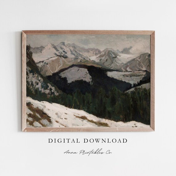 Snowy Alpine Peaks Forest Valley Vintage Winter Landscape Poster