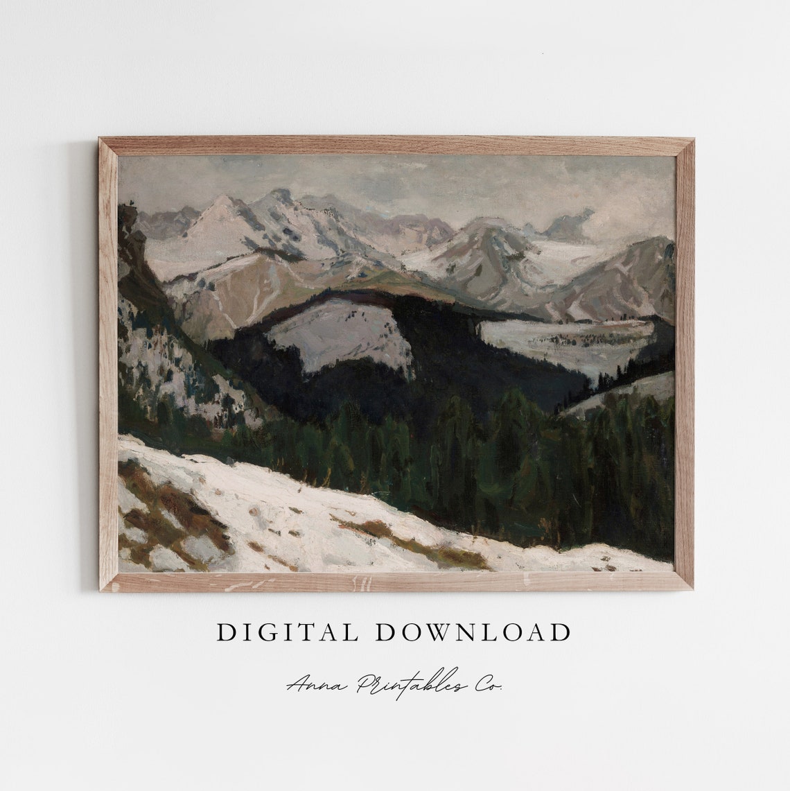 Snowy Alpine Peaks Forest Valley Vintage Winter Landscape Poster