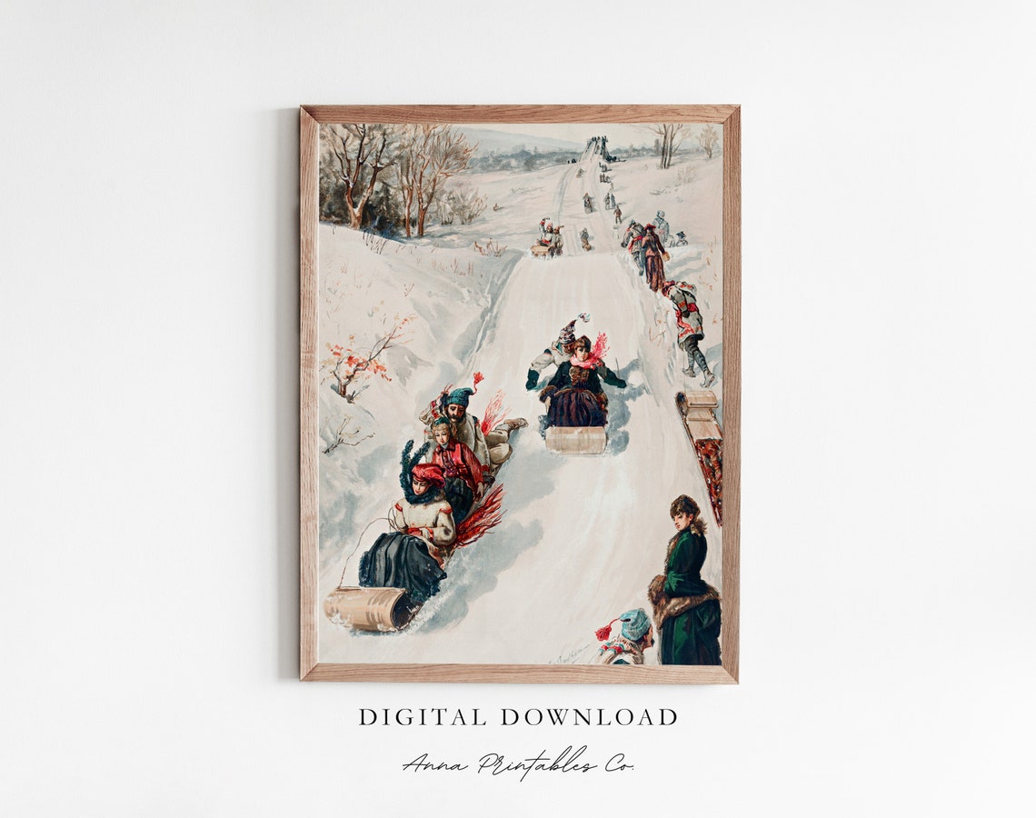Vintage Winter Sledding Scene Old Fashioned Snow Fun Art Poster