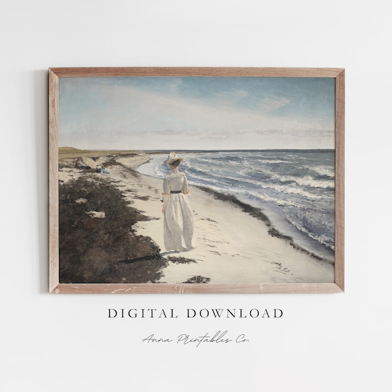 Woman in White Dress Walking Along Beach Vintage Painting Print
