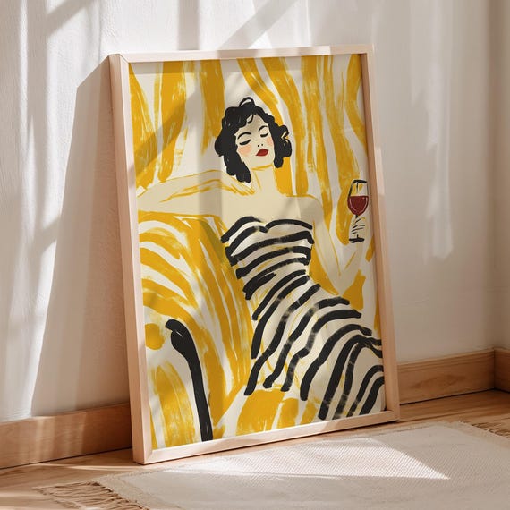 Elegant Woman Wine Wall Art Print Abstract Portrait With Black And White Dress Red Glass Modern Yellow Illustration Home Bar Decor