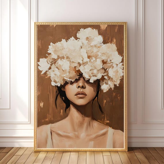 Neutral Asian Woman Wall Art Minimalist Floral Portrait Abstract Modern Boho Print With Beige Flower Crown Face