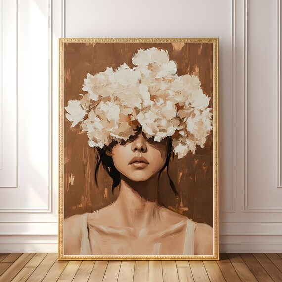 Woman with White Flower Bouquet Over Face Neutral Minimalist Print