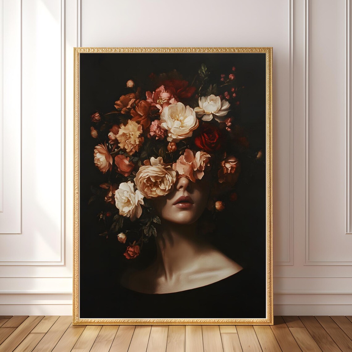 Dark Floral Woman Portrait, Vintage Botanical Art Print