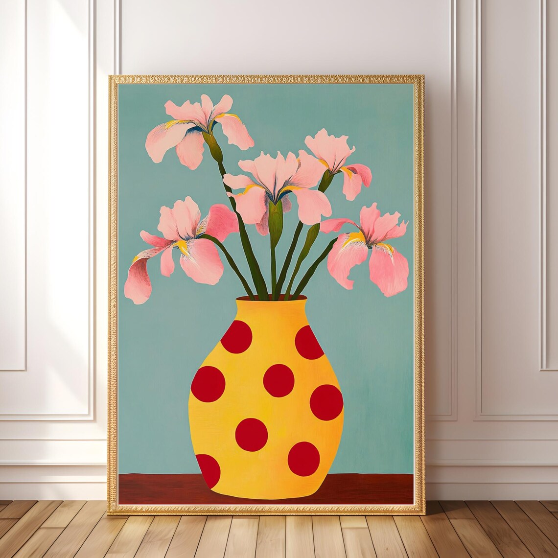 Pink Iris Wall Art Pop Floral Print Yellow Polka Dot Vase Bold Botanical Eclectic Retro Decor Dopamine