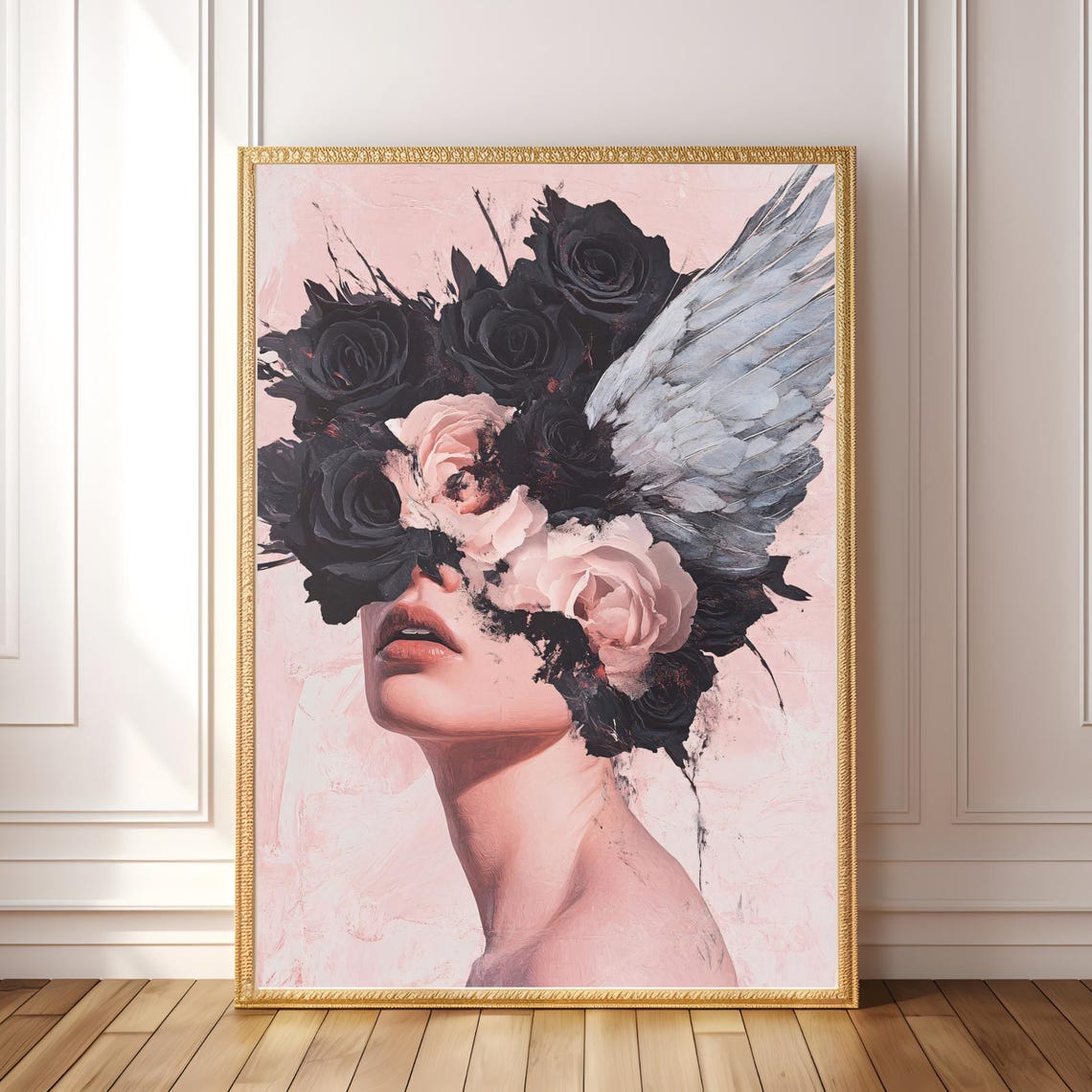 Surreal Flower Woman Portrait Black Roses Wing Coquette Poster