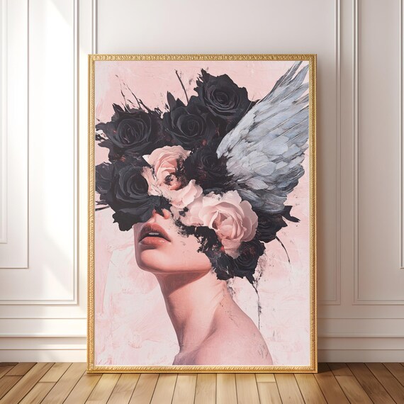 Surreal Flower Woman Portrait Black Roses Wing Coquette Poster