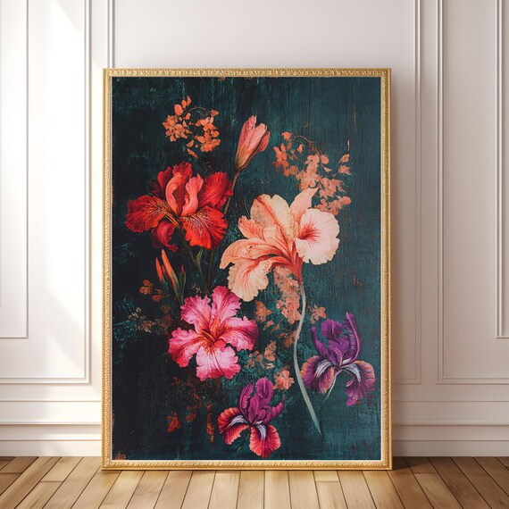 Moody Floral Wall Art Dark Botanical Iris Print Vintage Garden Gothic Flower Decor Victorian