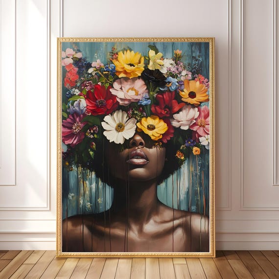 Bold Floral Portrait Colorful Afro Woman Print Maximalist Abstract Flower Crown Art Boho Face