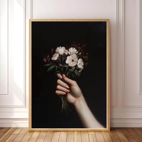 Renaissance Painting Flower Hand Victorian Wall Art Dark Floral Print Gothic Classical Artwork Moody Vintage Decor Still Life