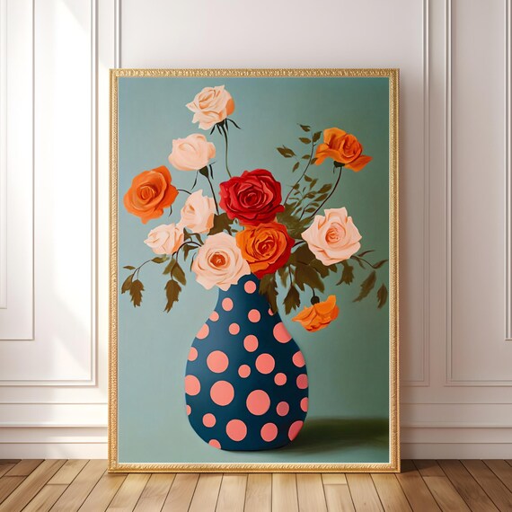 Retro Roses in Polka Dot Vase Floral Art Poster with Midcentury Charm