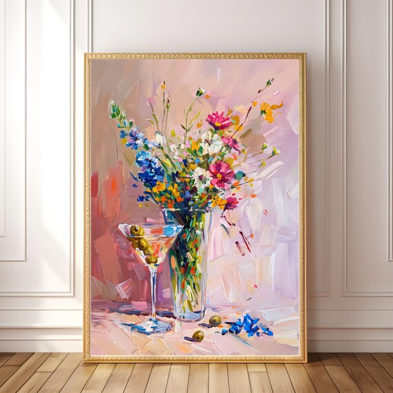 Abstract Wildflowers Bar Cart Poster, Preppy Decor