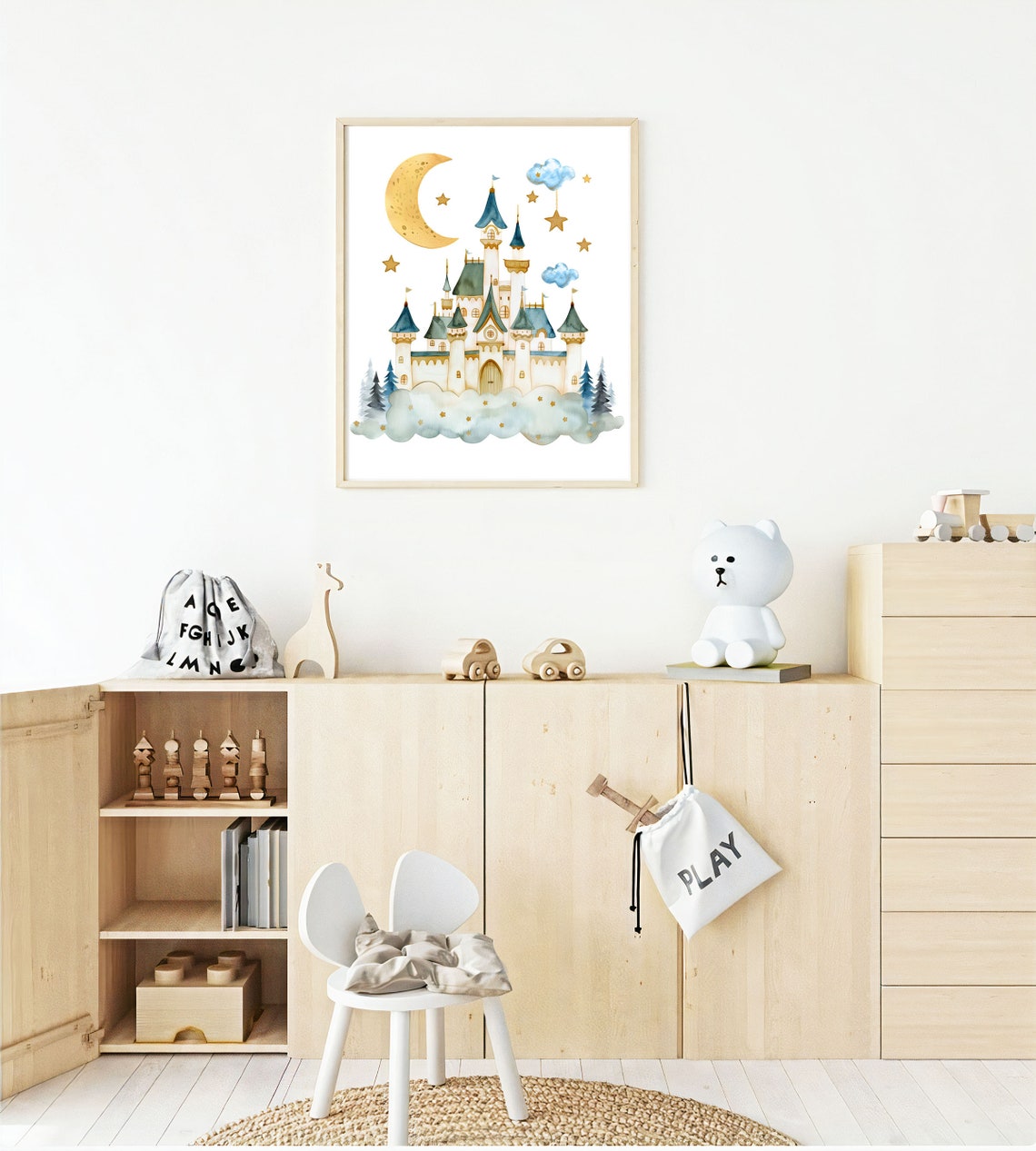 Watercolor Castle Under Crescent Moon With Stars Fantasy Art Poster - Image 3