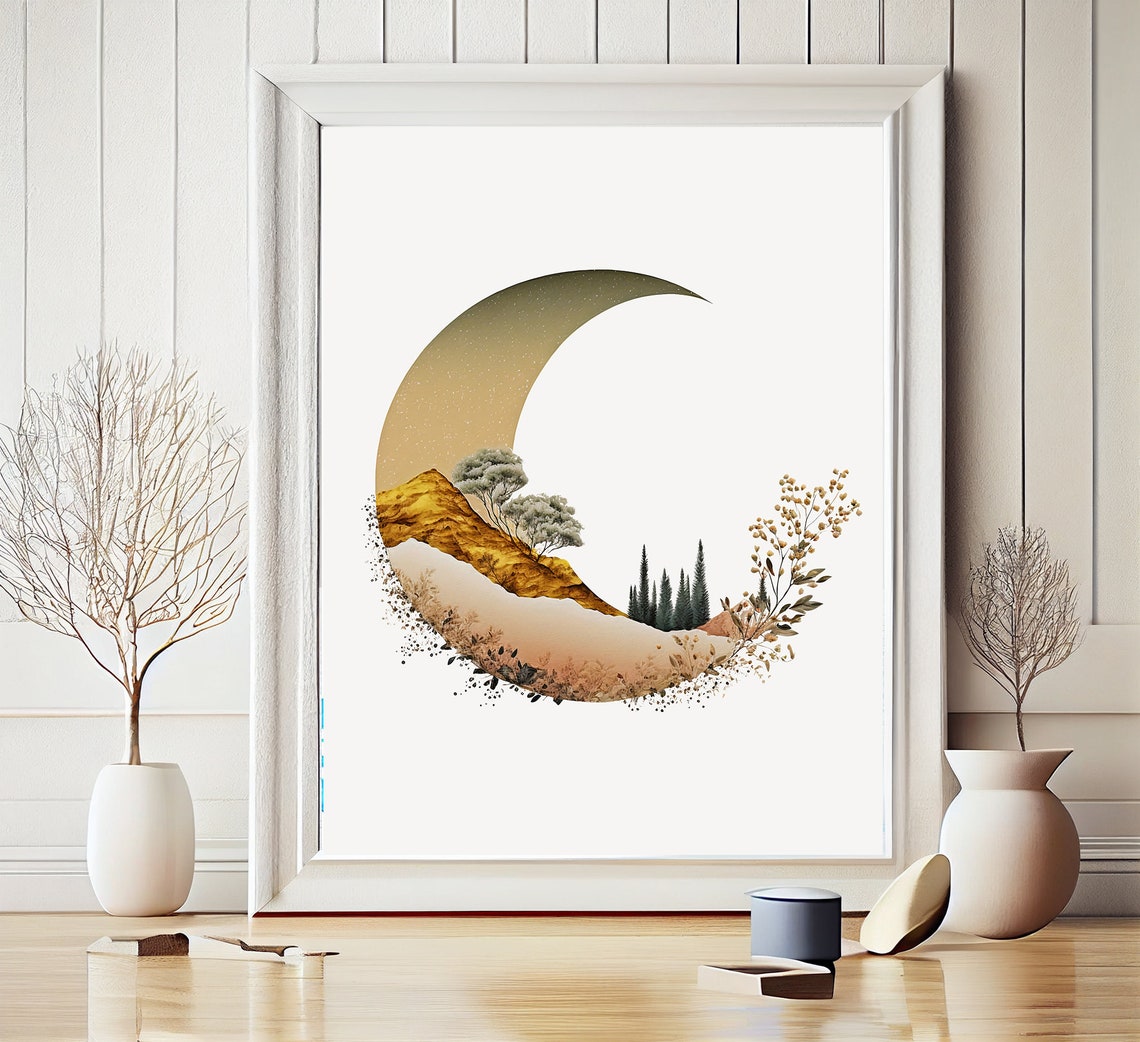 Crescent Moon Filled With Mountain Forest Landscape Art Poster