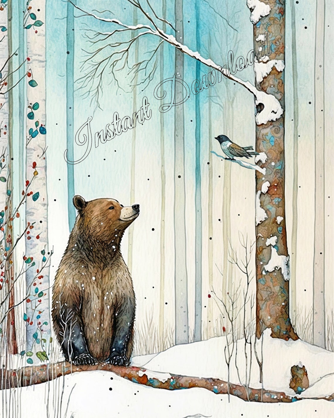 Brown Bear In Snowy Birch Forest Watching Bird Watercolor Poster - Image 2