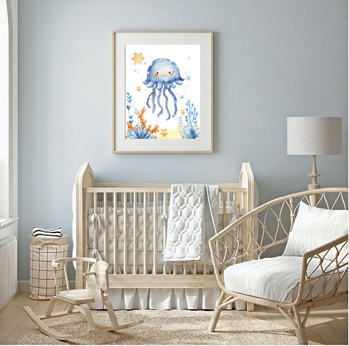 Cute Blue Jellyfish With Starfish And Coral Nursery Ocean Print - Image 2