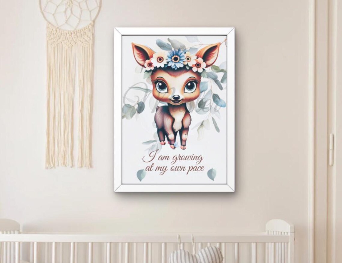 Baby Deer Flower Crown Growing at My Pace Quote Nursery Wall Art