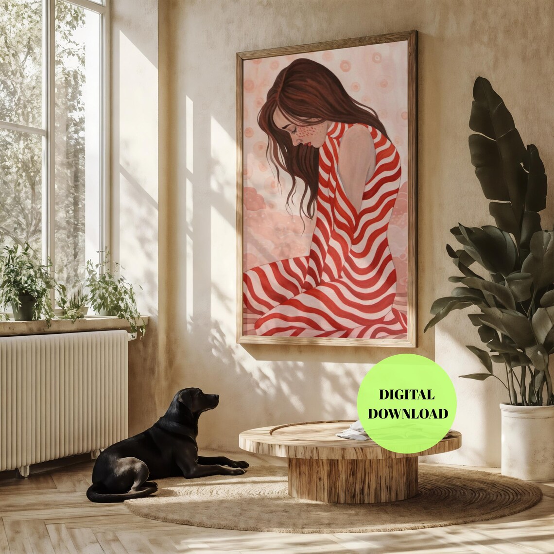 Girl in Red Striped Dress Dreamy Soft Watercolor Portrait Poster