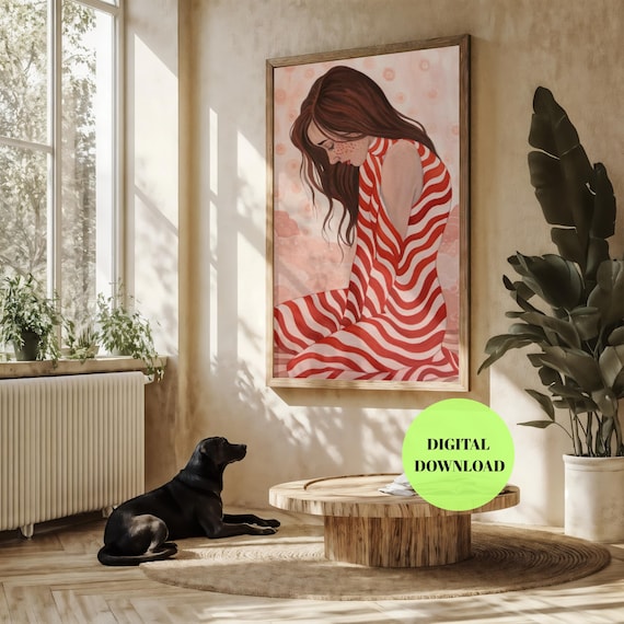 Girl in Red Striped Dress Dreamy Soft Watercolor Portrait Poster