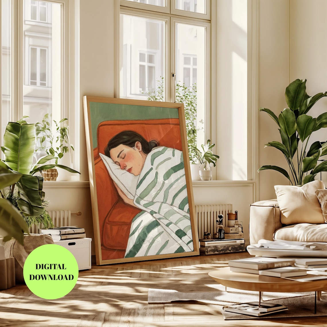 Cozy Sleeping Woman Watercolor, Relaxing Mothers Day Gift