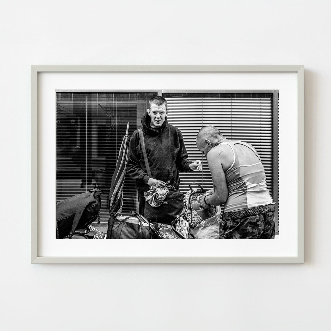 Two Men with Bags at Station Candid Street Photography Poster