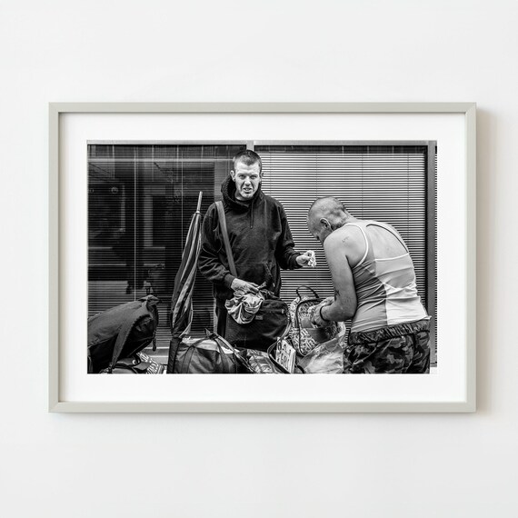 Two Men with Bags at Station Candid Street Photography Poster