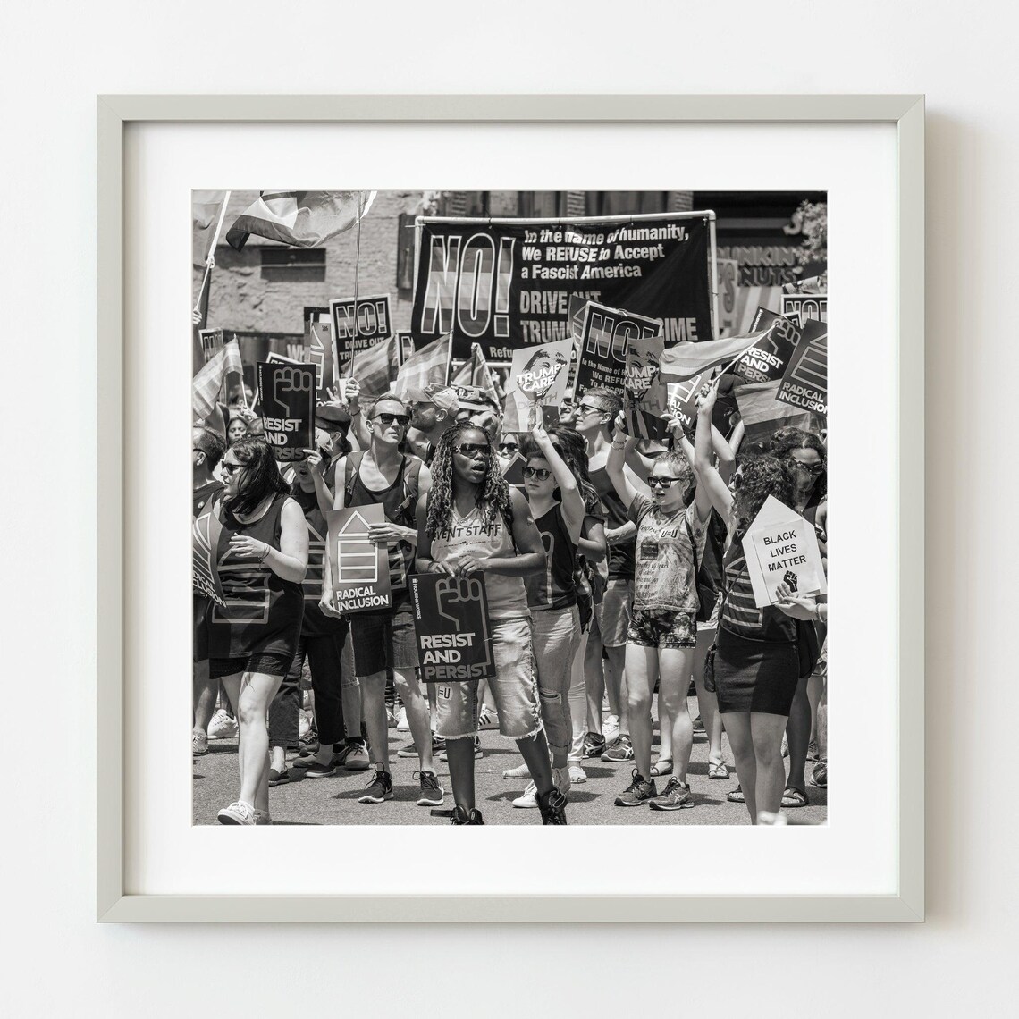 Resist Protest March Crowd With Signs Black And White Street Photo Print