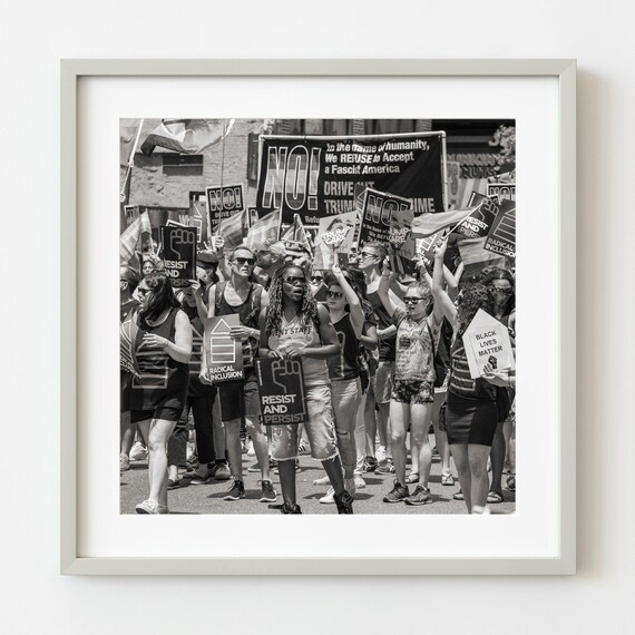 Resist Protest March Crowd With Signs Black And White Street Photo Print