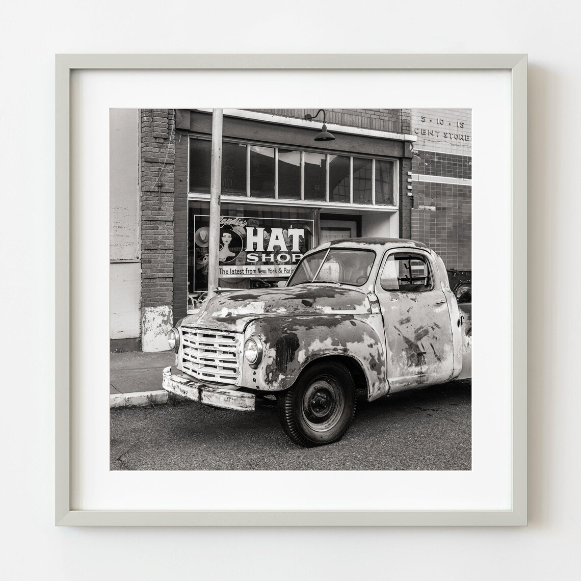 Weathered Old Pickup Truck Hat Shop Storefront Monochrome Poster