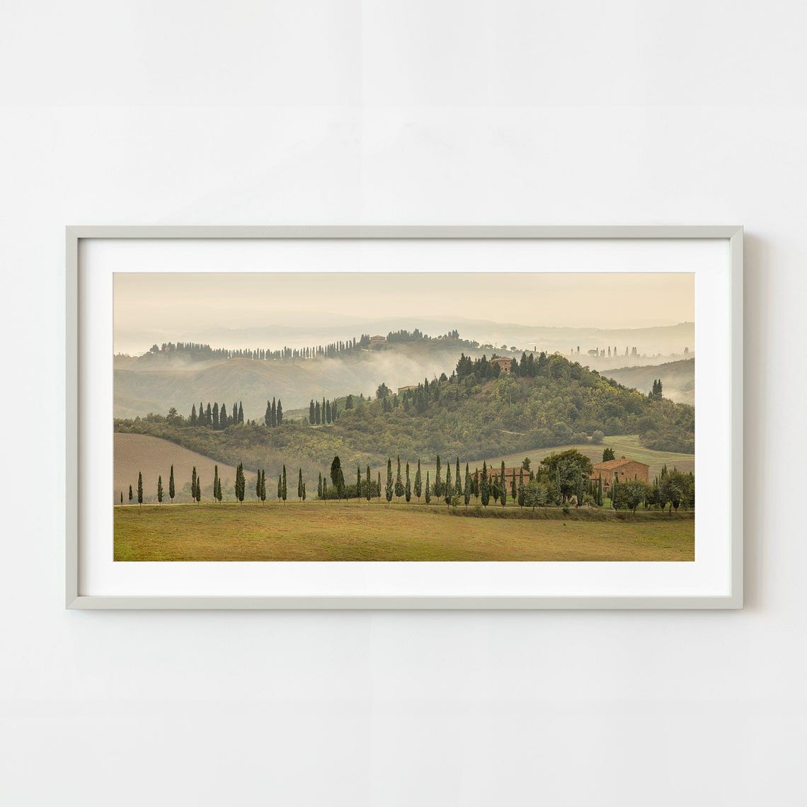 Tuscany Rolling Hills Cypress Trees Morning Mist Panorama Photo Poster