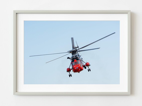 Red Sea King Rescue Helicopter in Flight Aviation Photo Print
