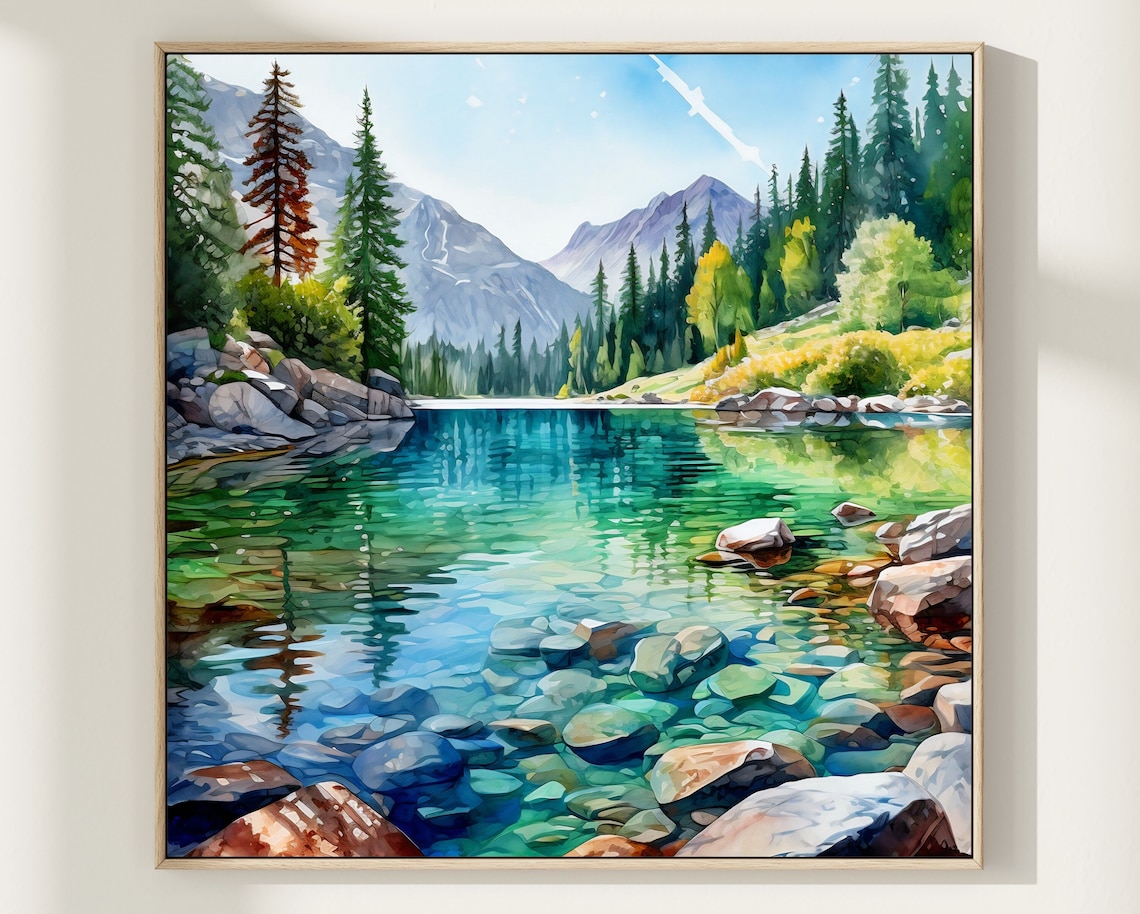 Mountain Lake Watercolor Panoramic Landscape Print