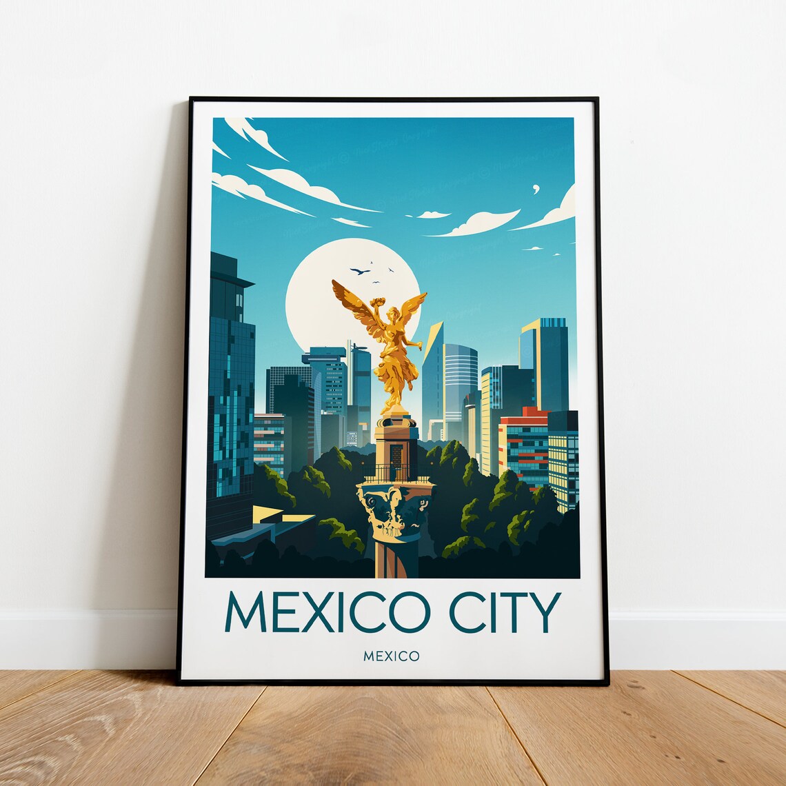 Mexico City Golden Angel of Independence Skyline Scene Poster