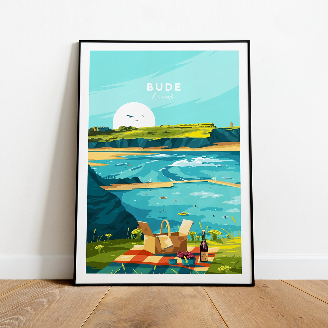 Bude Cornwall Beach Sea Pool Picnic Summer Vintage Travel Poster