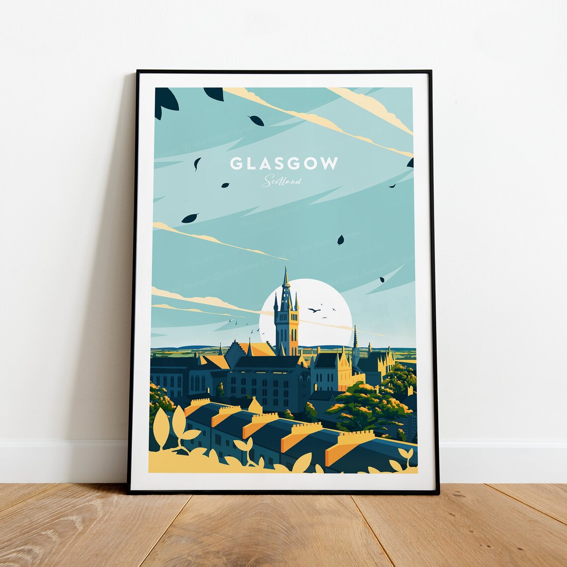 Glasgow Scotland Rooftop Tower Moonlit Skyline City Travel Poster