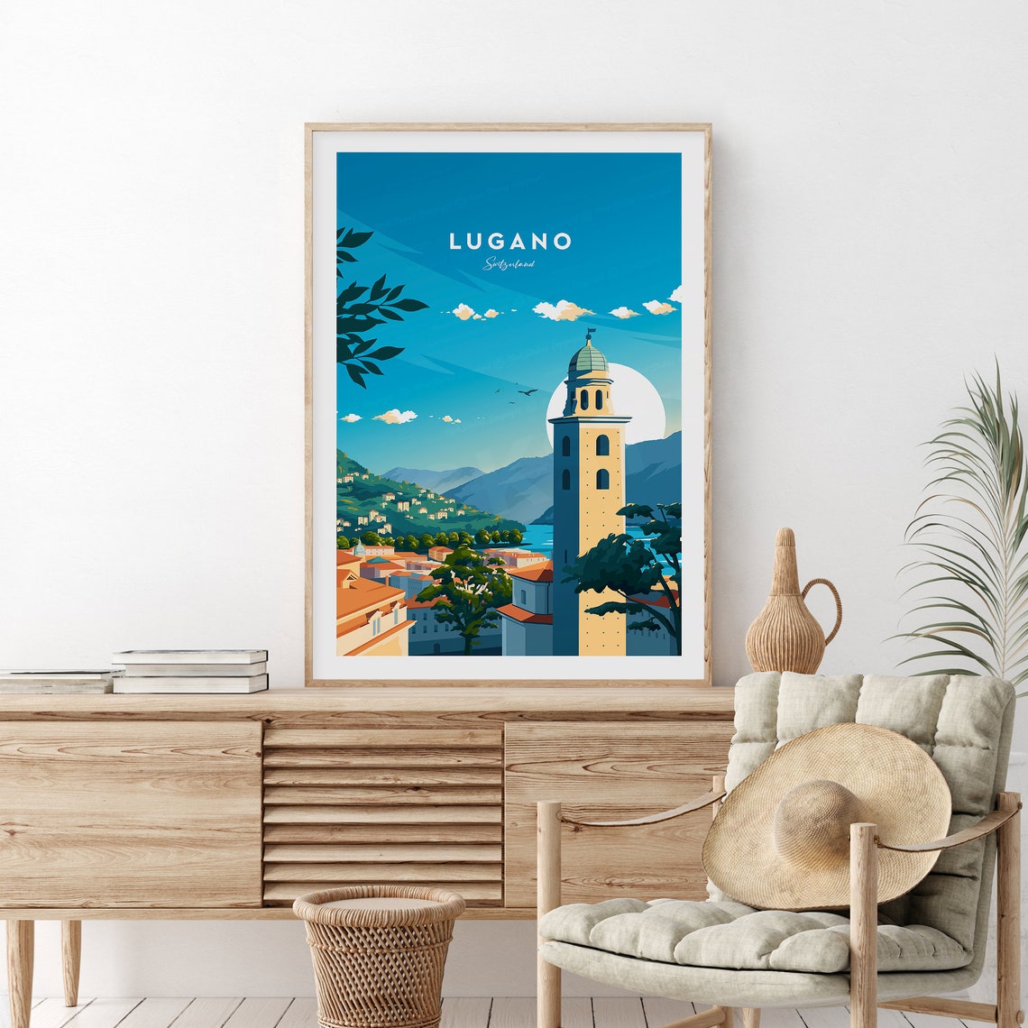 Lugano Switzerland Lakeside Tower Golden Sunset Moon Travel Poster