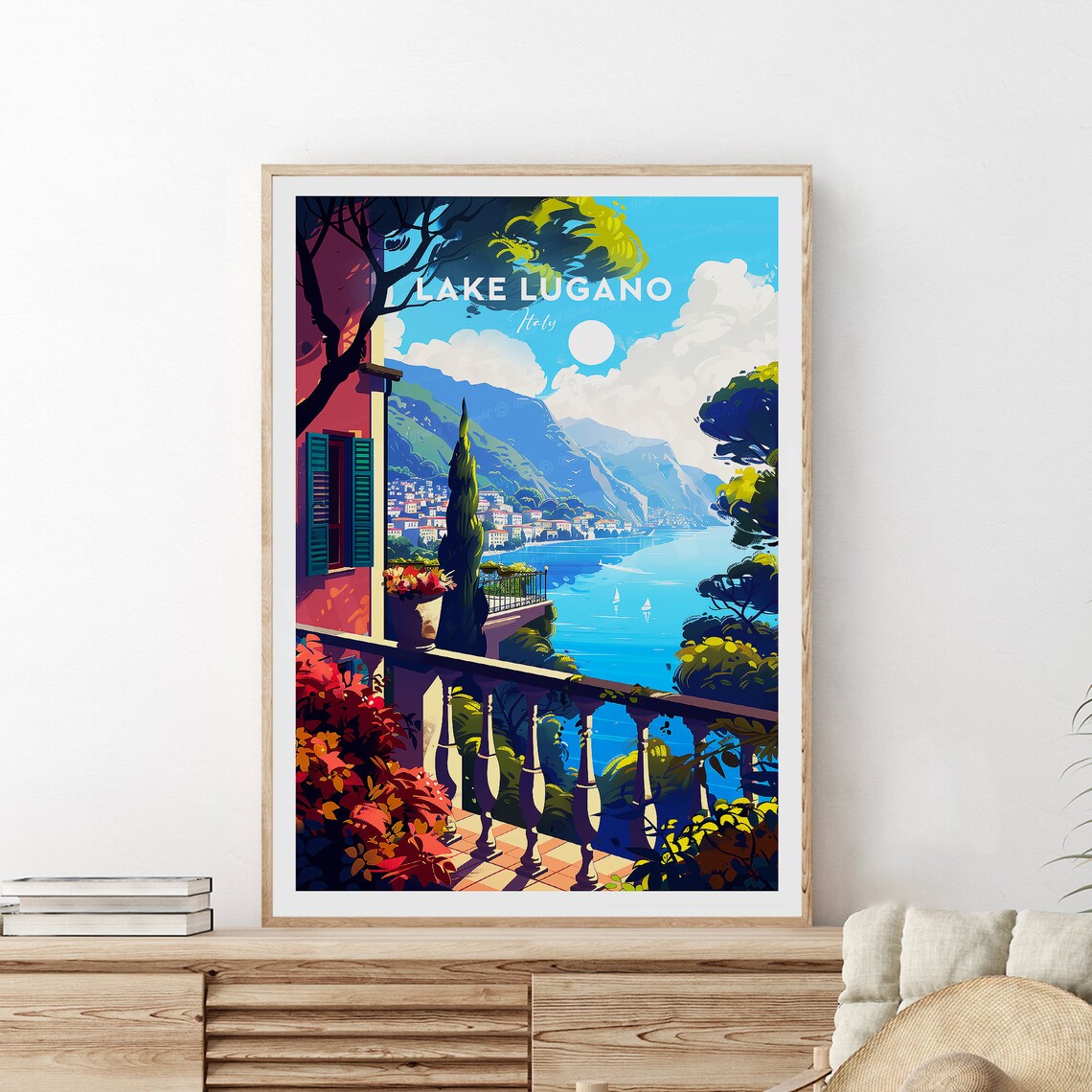 Lake Lugano Italy Balcony View Lakeside Village Travel Poster - Image 2