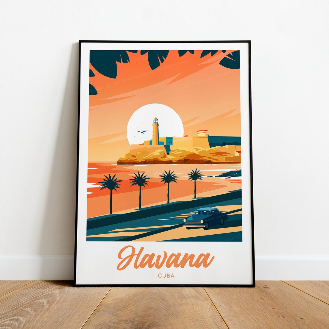 Havana Cuba Sunset Fortress Classic Car Palm Trees Travel Poster - Image 2