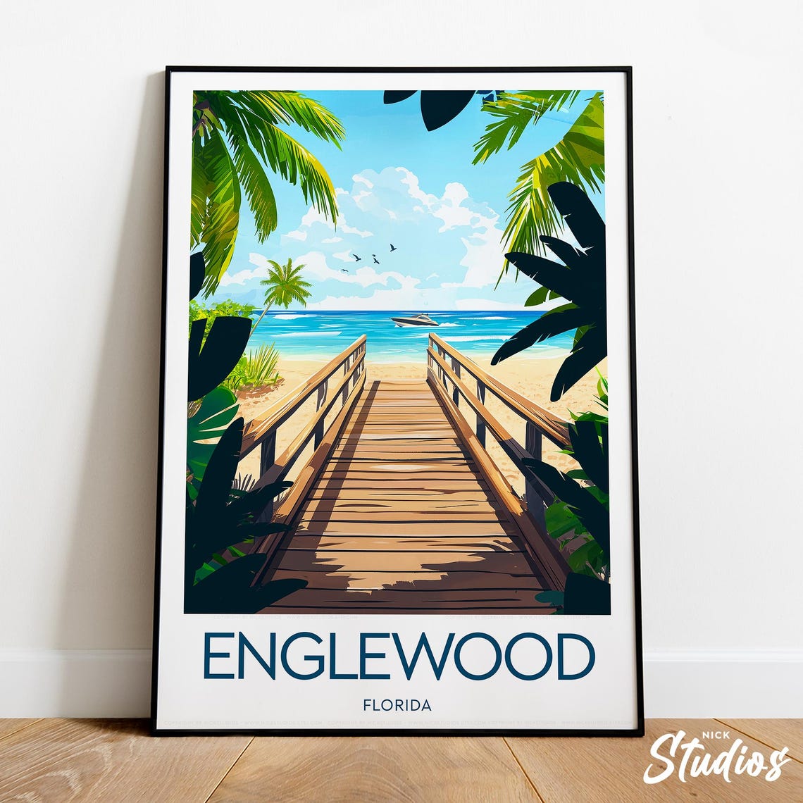 Englewood Florida Boardwalk Beach Palms Vintage Travel Poster