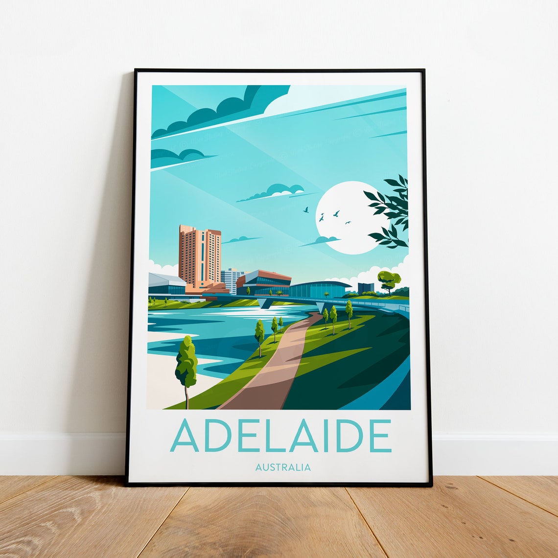 Adelaide Australia River City Skyline Turquoise Scene Poster