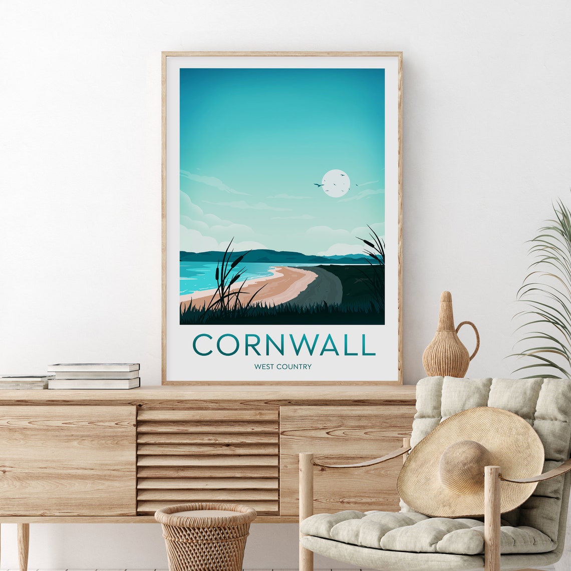Cornwall Sandy Beach Dunes under Rising Moonlight Night Poster
