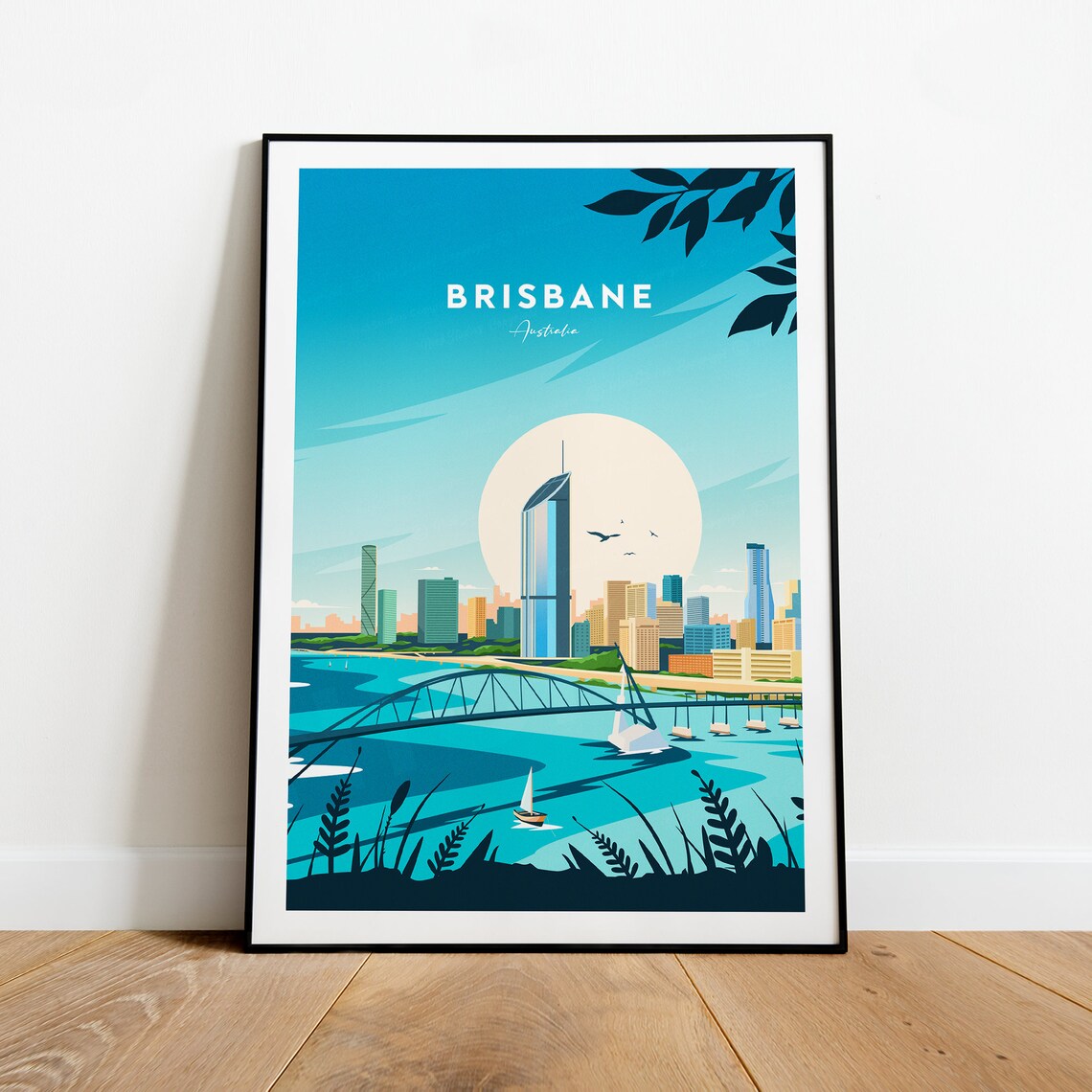 Brisbane Australia Skyline River Bridge Moon City Night Travel Poster - Image 2