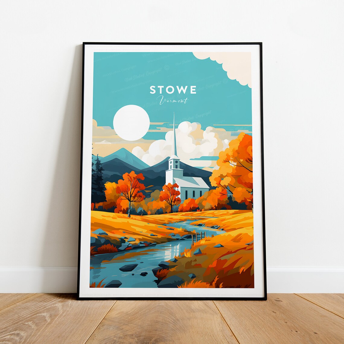 Stowe Vermont Autumn Church Stream Mountain Fall Foliage Poster