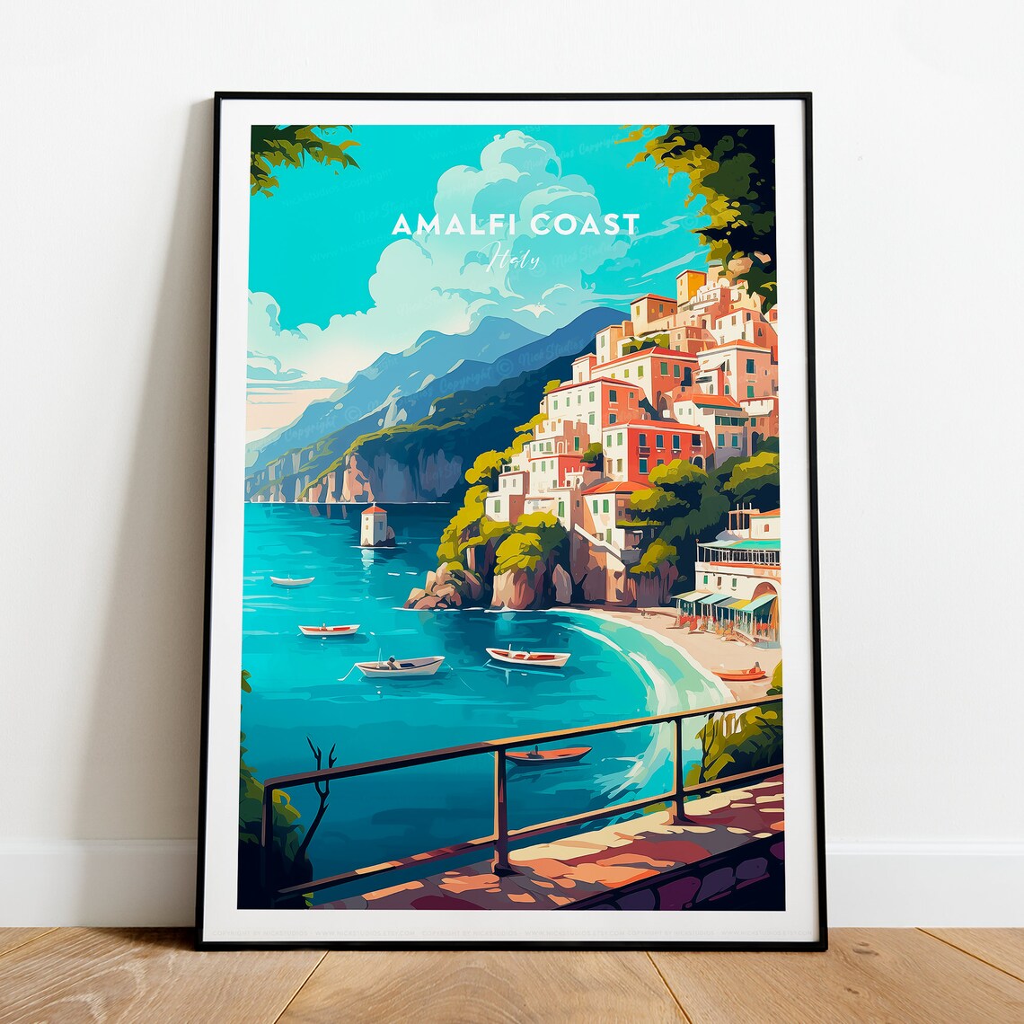 Amalfi Coast Cliffside Village and Turquoise Cove Italy Poster