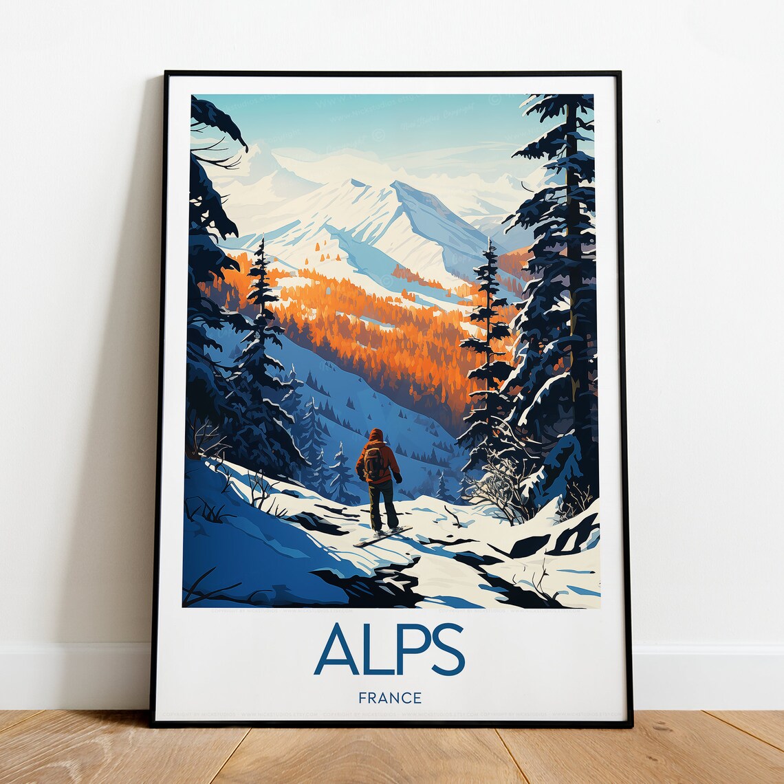 Alps France Snowy Mountain Backpacker Winter Hiking Travel Poster