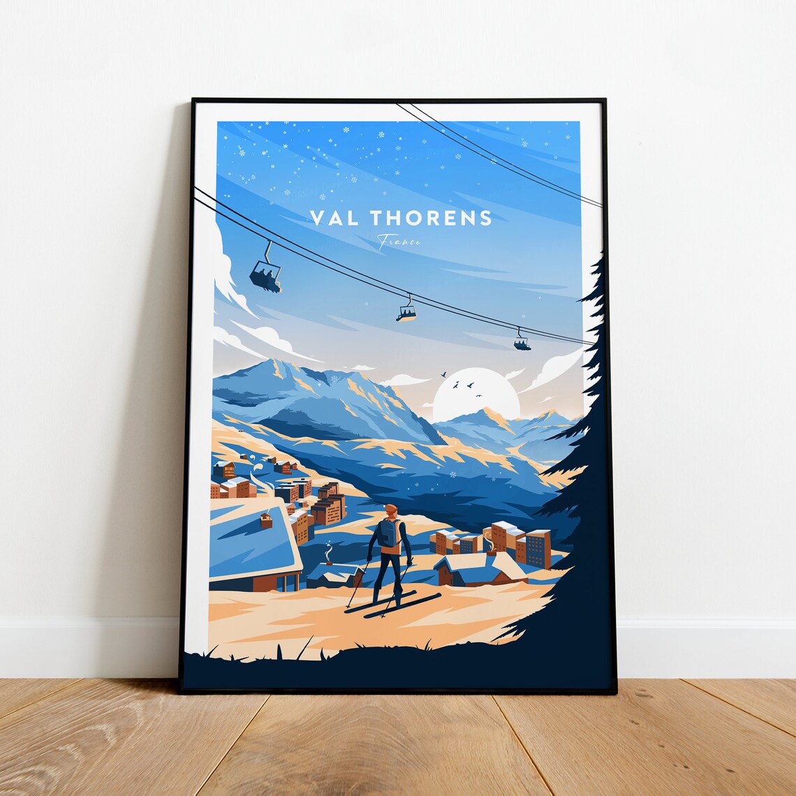 Val Thorens France Skier Alpine Village Gondola Sunset Travel Poster - Image 2
