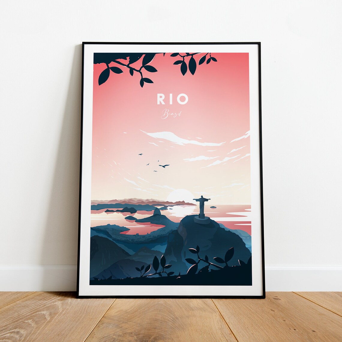 Rio Brazil Christ Redeemer Sunset Pink Sky Vintage Travel Poster - Image 2