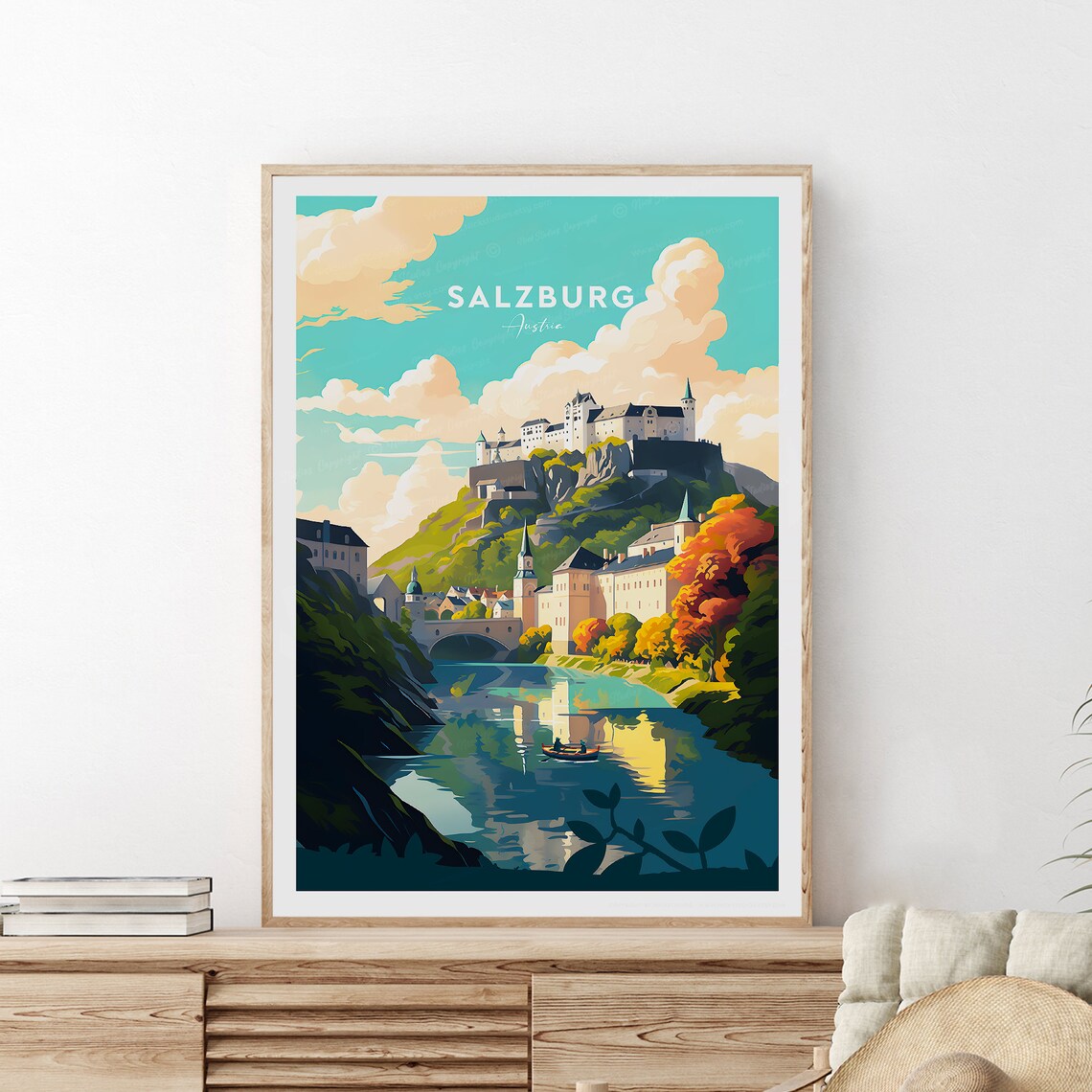 Salzburg Austria Hohensalzburg Fortress River Town Travel Poster - Image 2