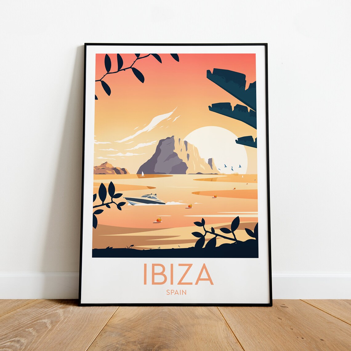 Ibiza Spain Golden Sunset Over Rocky Coast and Sea Travel Poster
